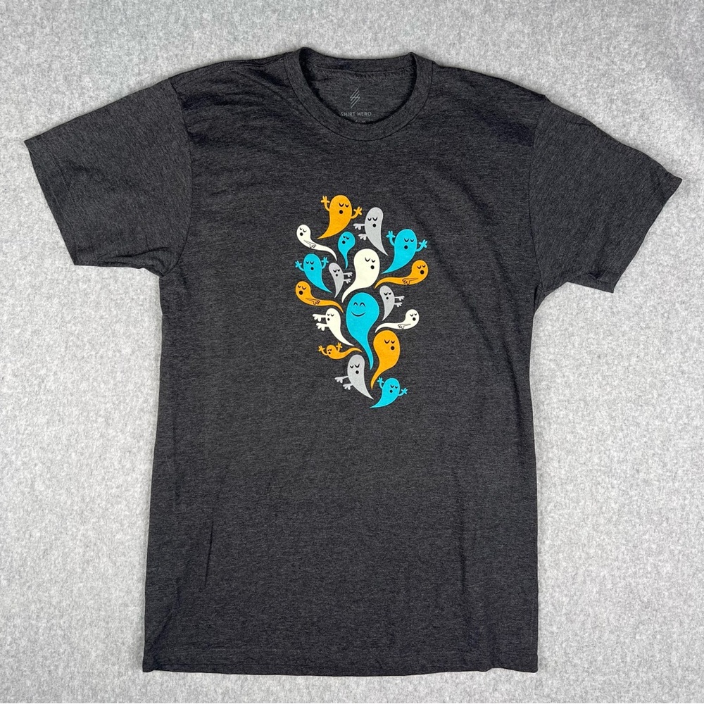Shirt Hero Halloween Ghost Unisex T Shirt Size Medium Gray Orange Blue Spooky